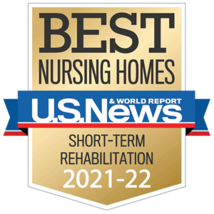 U.S. News and World Report award badge for Best Nursing Home Short-term Rehabilitation 2021-22.