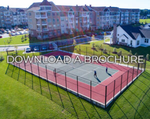 A picture of senior residents playing tennis on an outdoor court with apartment buildings in the background that states Download A Brochure.
