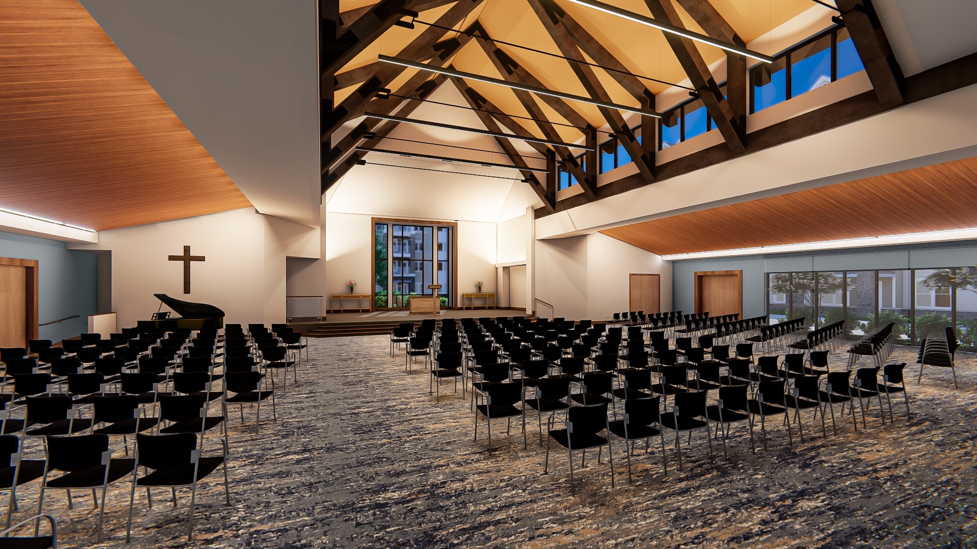 An inside view of the Performing Arts Center/Chapel, which is supported by the Mission Possible capital campaign, set up for worship service seating.