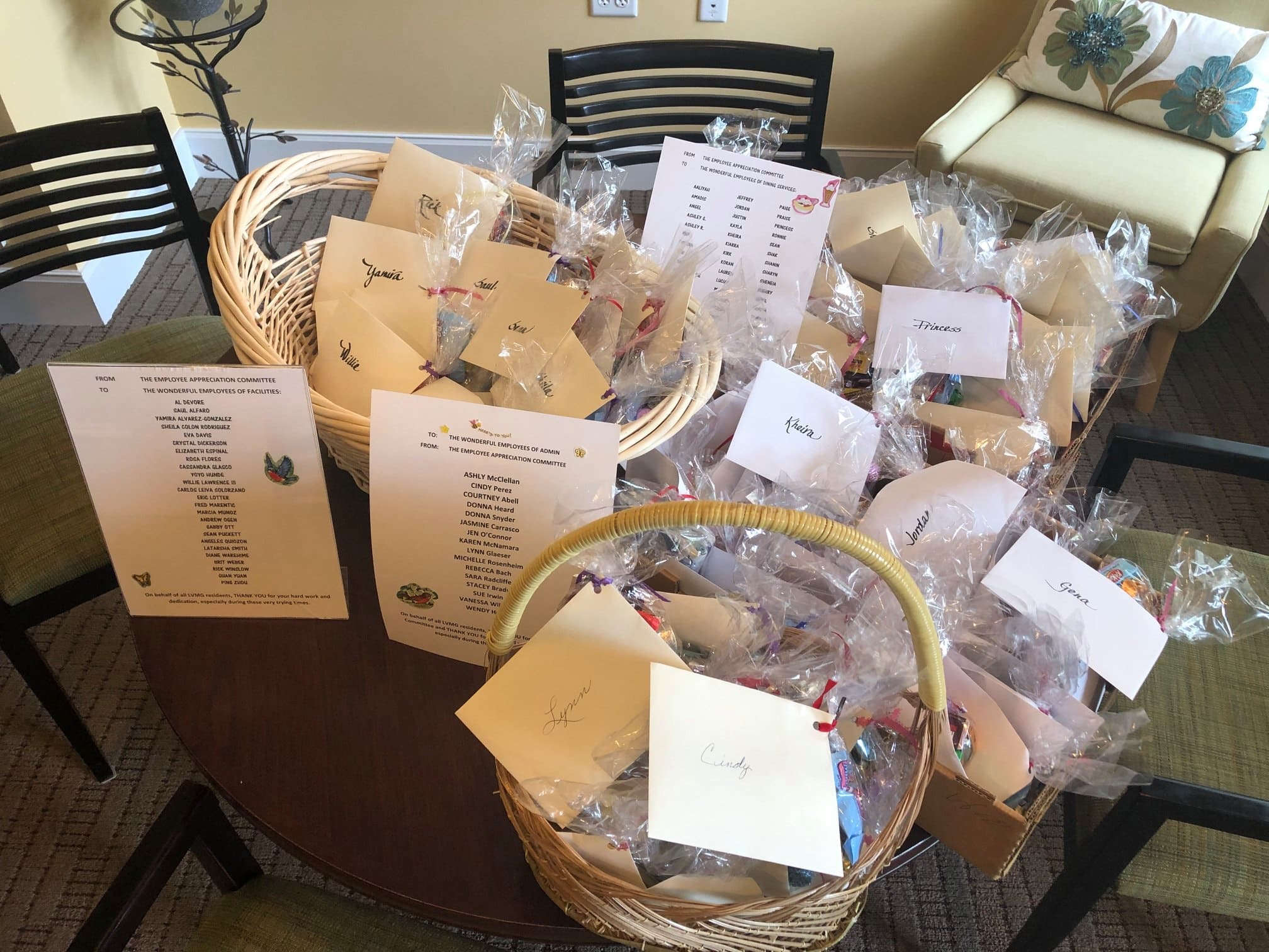 The Employee Appreciation Committee made beautiful baskets filled with treats for team members.